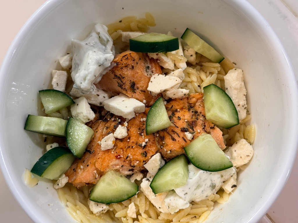 salmon orzo bowl assembled